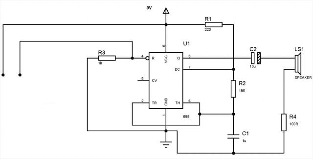 Circuit Diagram of Water Level Alarm using 555 Timer